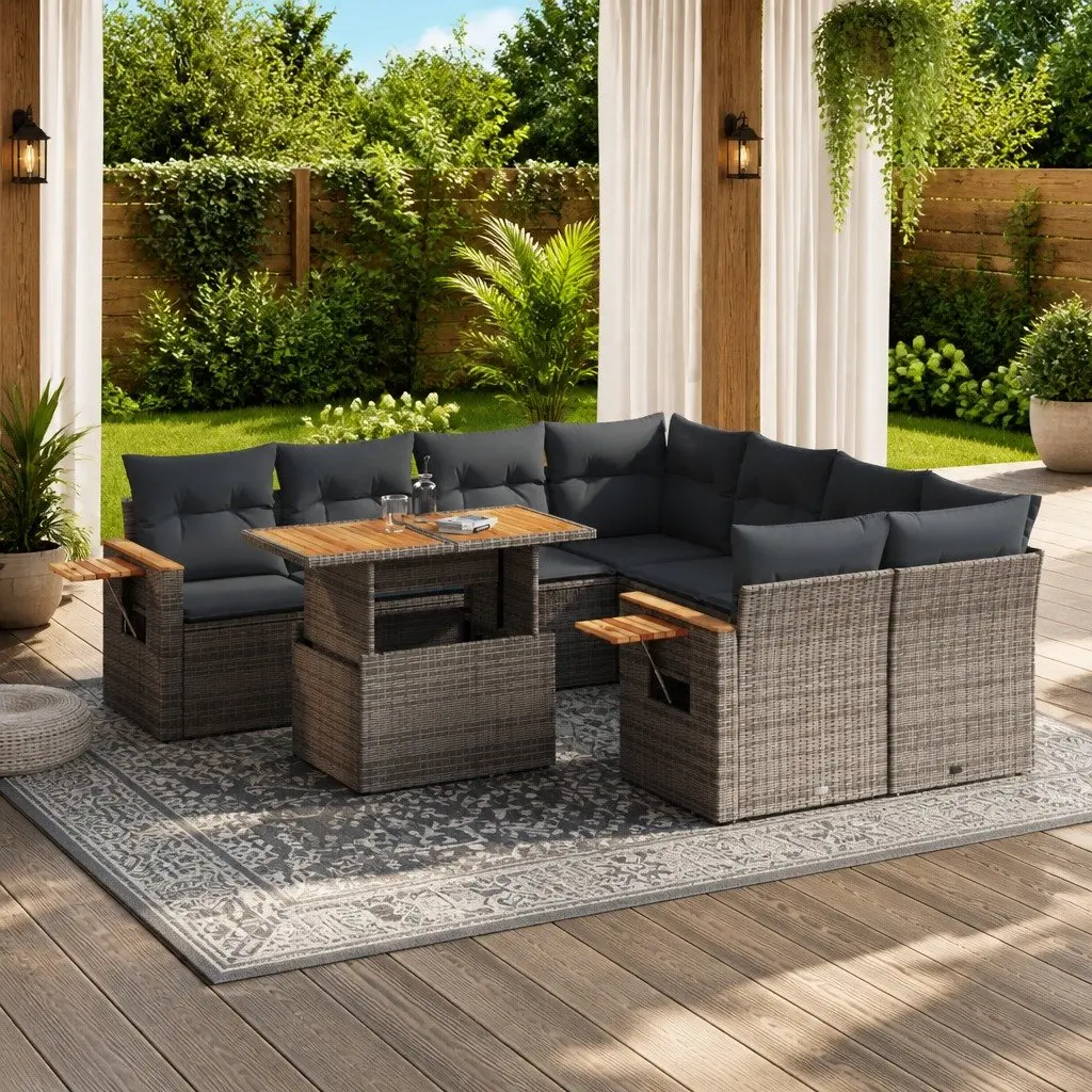 Garden Sofa Set 9 Piece Outdoor Furniture Grey Poly Rattan Modular Patio