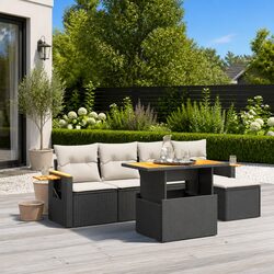 Garden Sofa Set 6 Piece Outdoor Furniture Black Poly Rattan Modular Patio