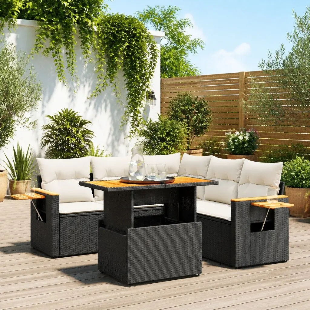 Modular Garden Sofa Set 6 Piece Black PE Rattan Outdoor Furniture with Adjustable Table