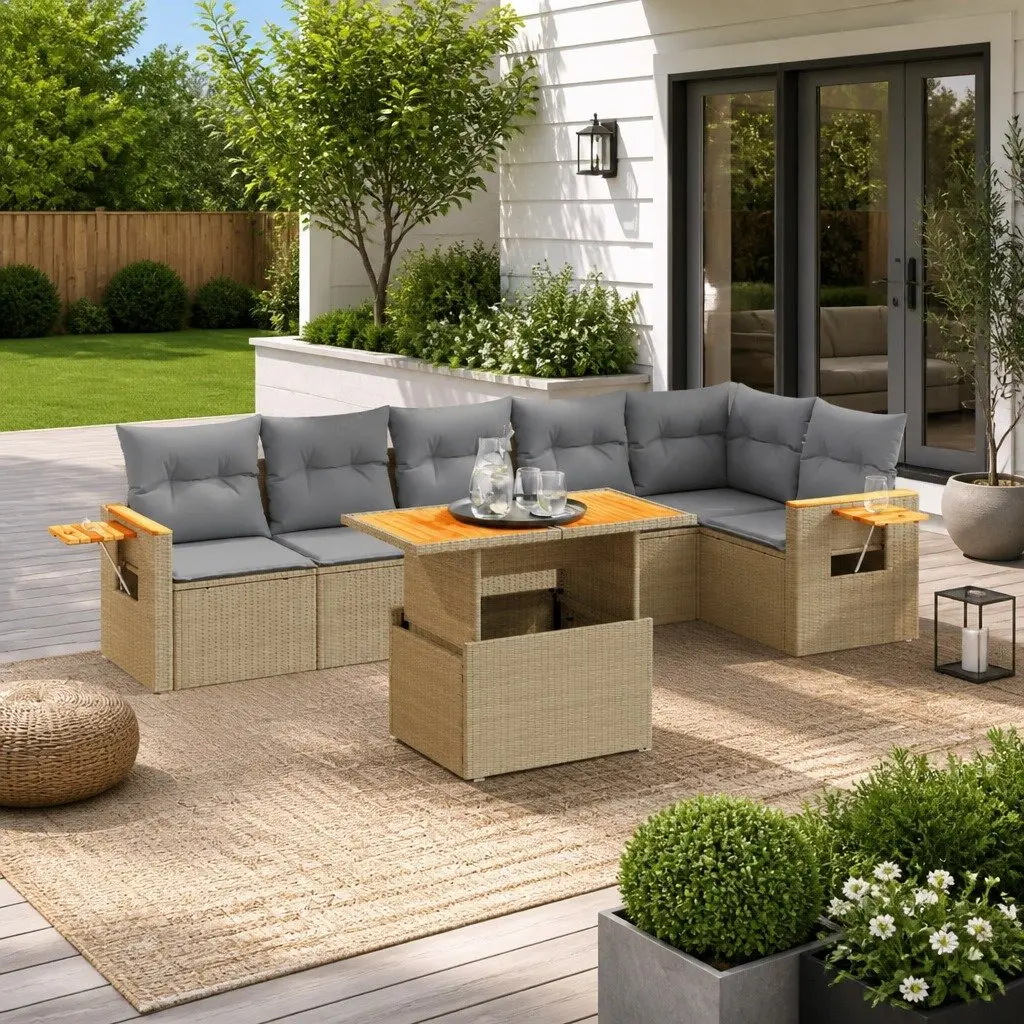Garden Sofa Set 7 Piece Outdoor Furniture Beige Poly Rattan Patio Lounge