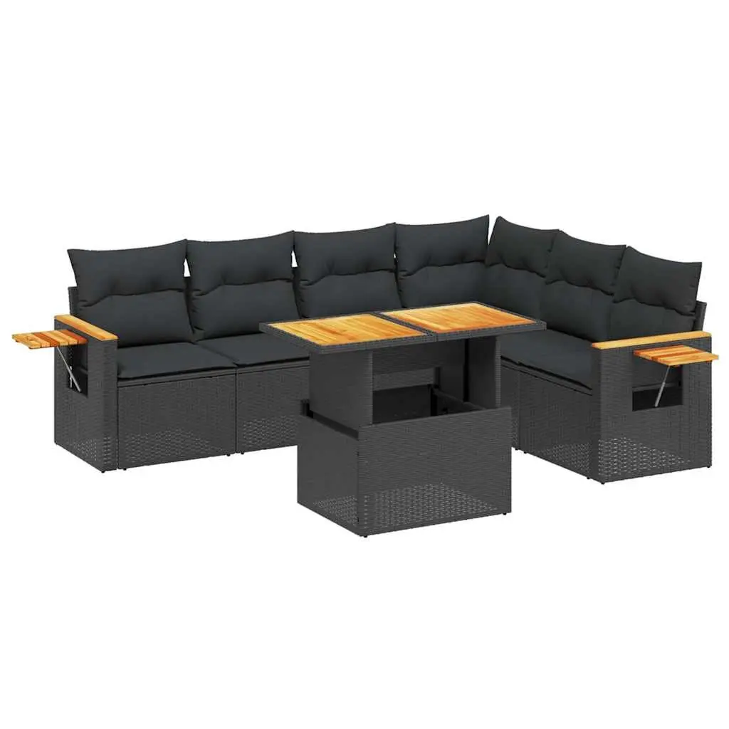 7 Piece Garden Sofa Set Outdoor Patio Furniture Black Poly Rattan with Cushions