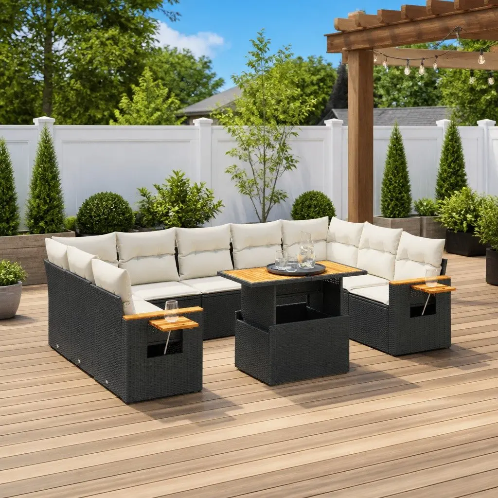 Garden Sofa Set 10 Piece Outdoor Furniture Black Poly Rattan Modular Patio