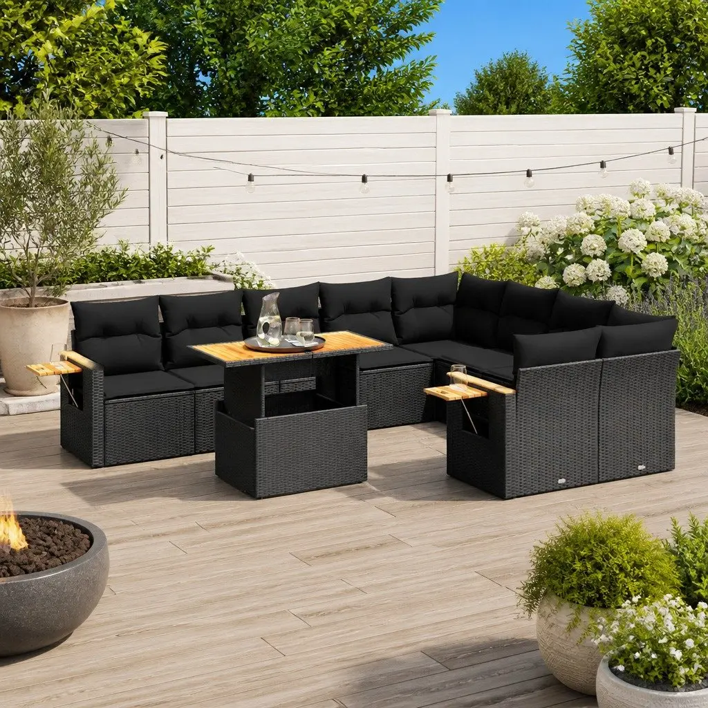 Modular Patio Furniture Set 10 Piece Black Poly Rattan Outdoor Garden Sofa
