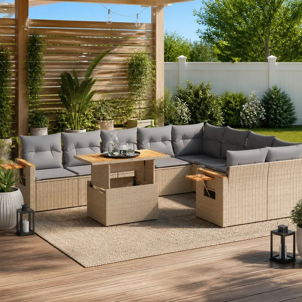 Garden Sofa Set 10 Piece Outdoor Furniture Beige Poly Rattan Patio Lounge