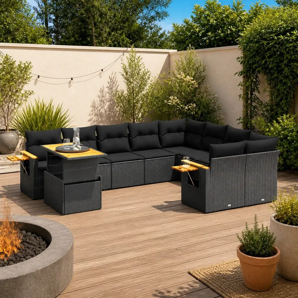 10 Piece Modular Outdoor Patio Furniture Set Black PE Rattan Garden Sofa with Removable Cushion Covers