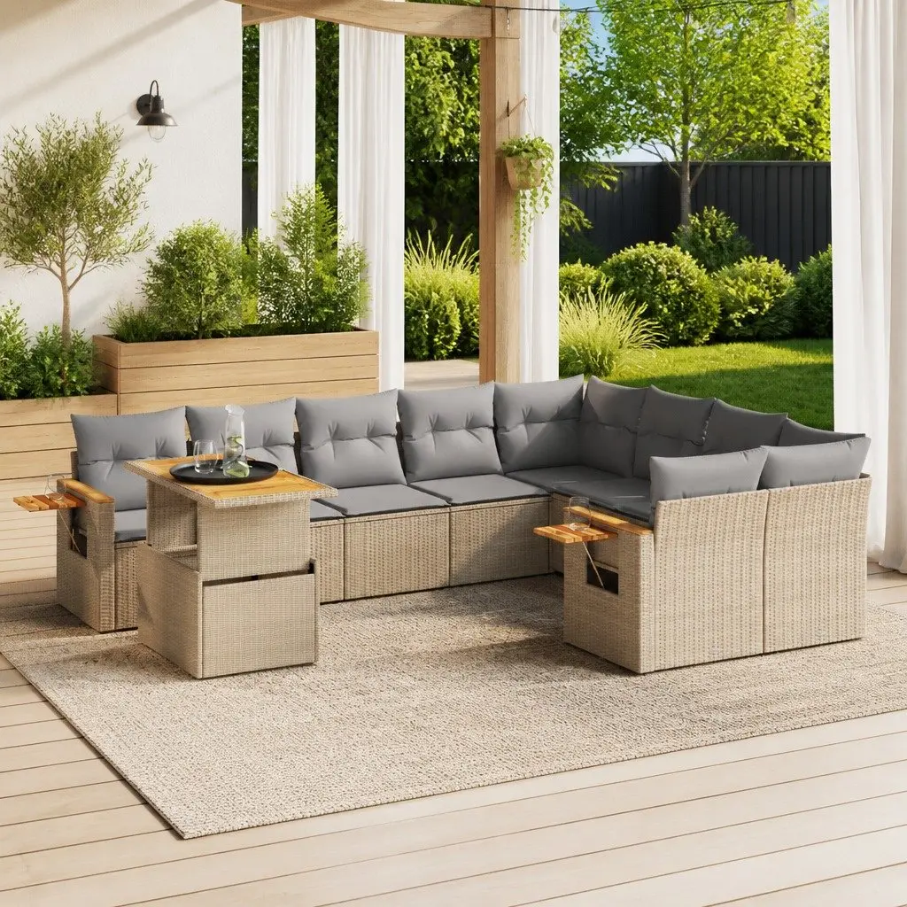 Garden Sofa Set 10 Piece Outdoor Furniture Beige Poly Rattan Patio Lounge