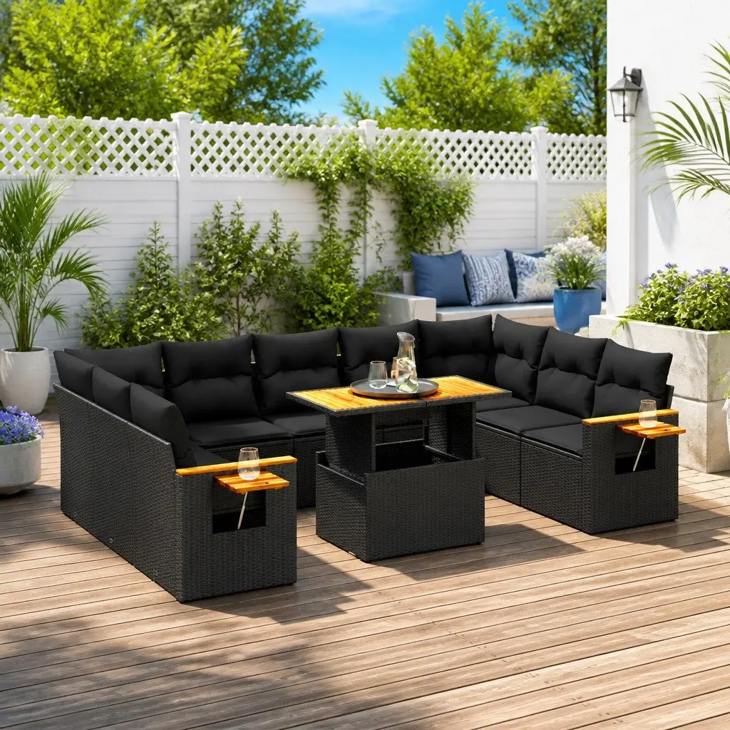 Garden Sofa Set 11 Piece Outdoor Furniture Patio Black Poly Rattan Modular