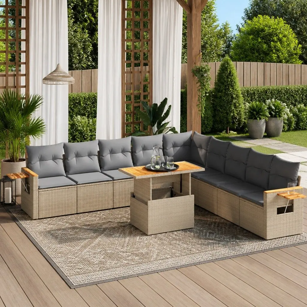 Garden Sofa Set 11 Piece Outdoor Furniture Patio Beige Poly Rattan Modular