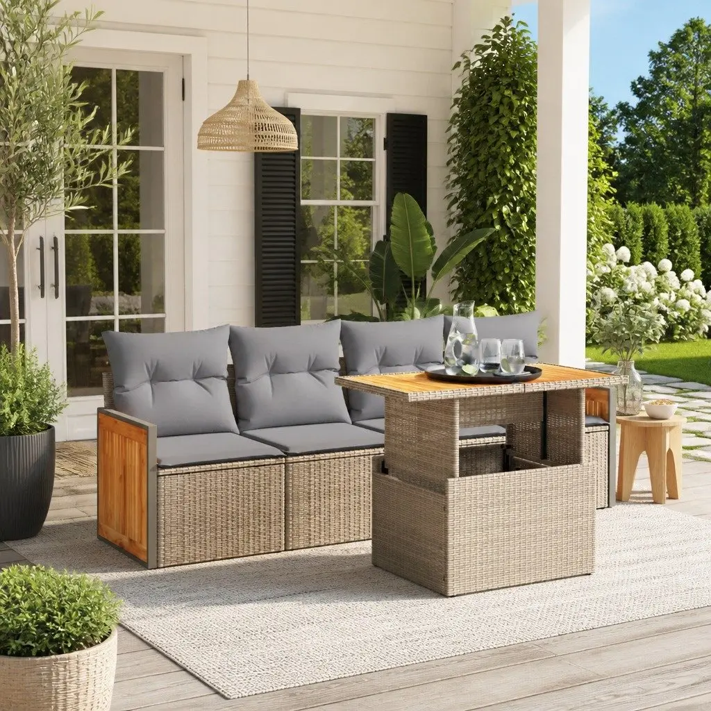 Outdoor Garden Sofa Set 5 Piece Patio Furniture Beige Poly Rattan Modular Lounge
