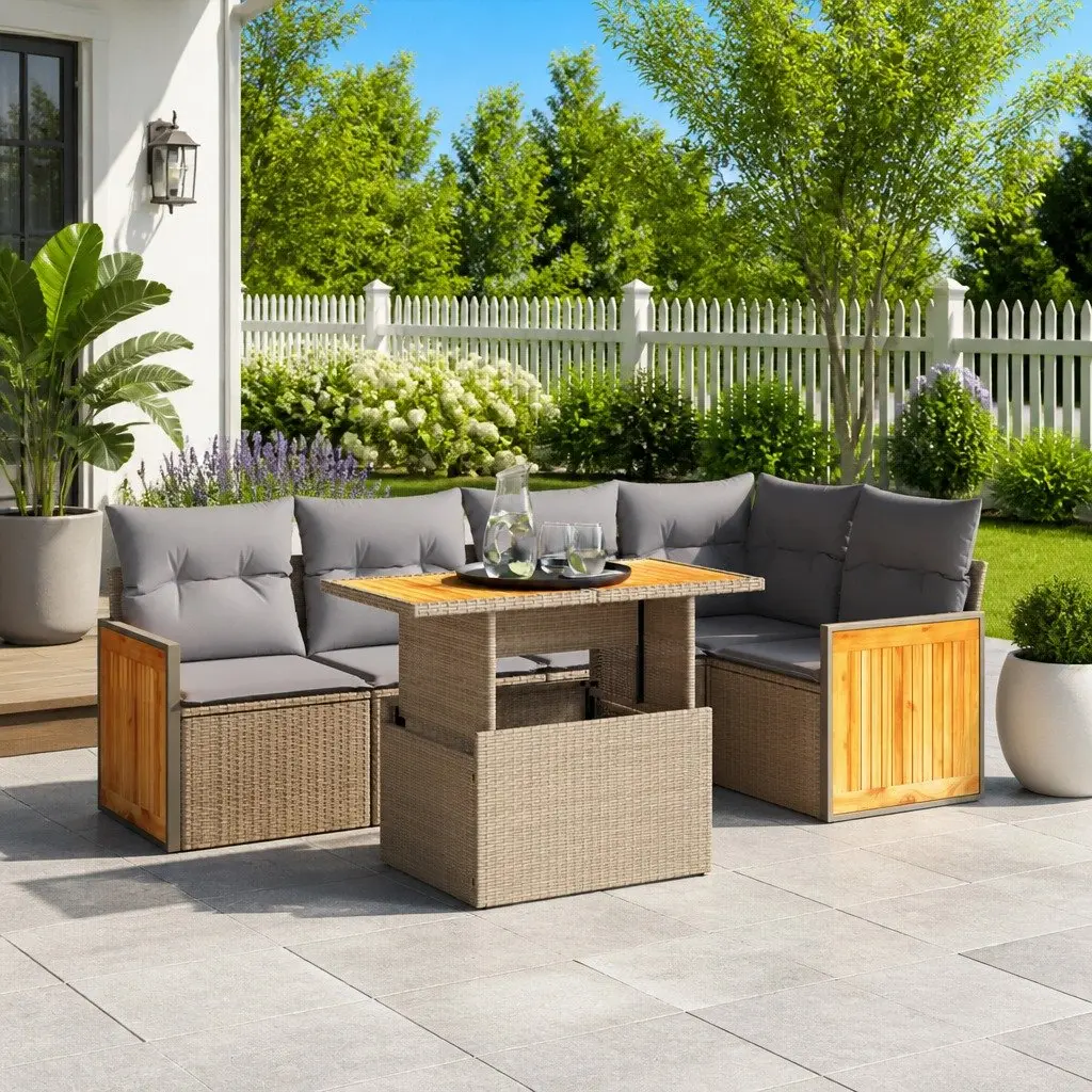 Modular Garden Sofa Set 6 Piece Outdoor Furniture Beige Poly Rattan