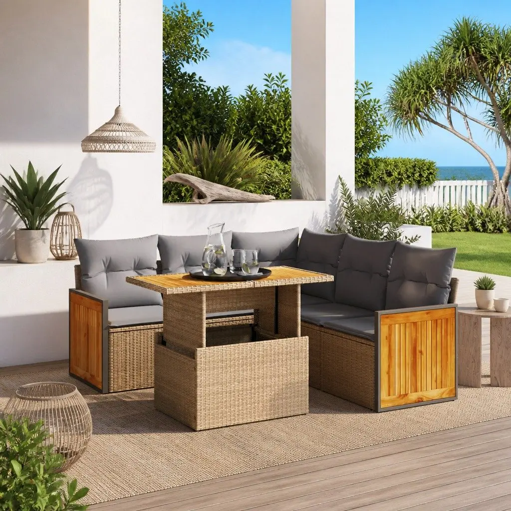 Garden Sofa Set 6 Piece Outdoor Furniture Patio Lounge Beige Poly Rattan Modular