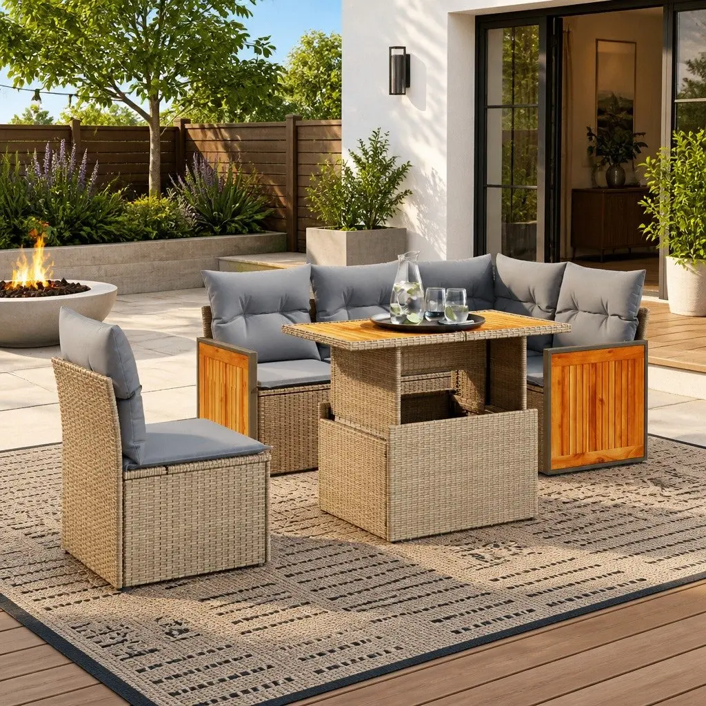Modular Outdoor Furniture 6 Piece Garden Sofa Set Beige PE Rattan