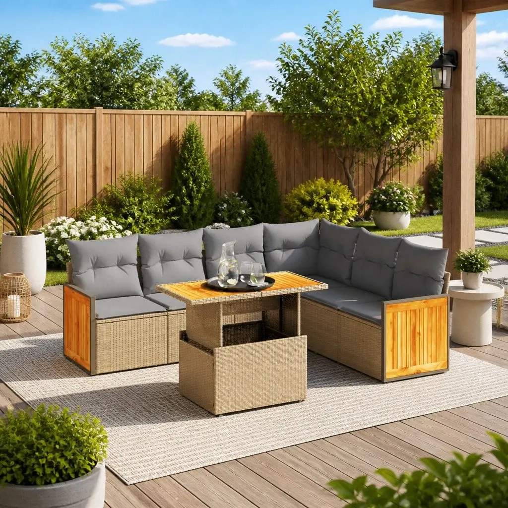 7 Piece Modular Outdoor Garden Sofa Set with Cushions Beige Poly Rattan