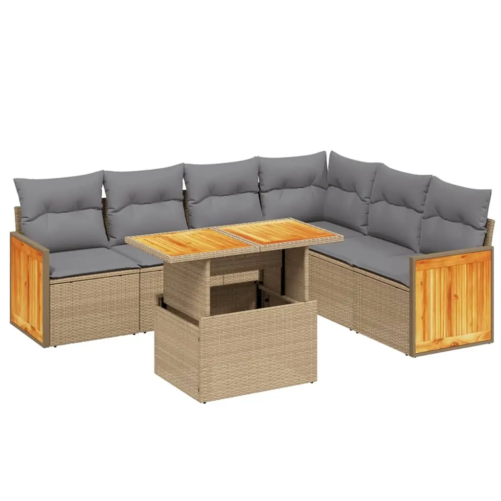 7 Piece Modular Outdoor Garden Sofa Set with Cushions Beige Poly Rattan