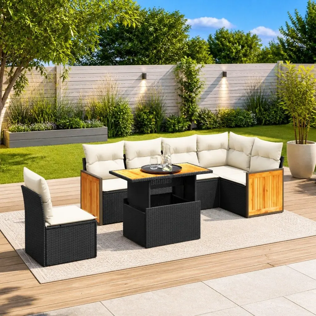 7 Piece Garden Sofa Set Outdoor Furniture Black Poly Rattan Patio with Cushions