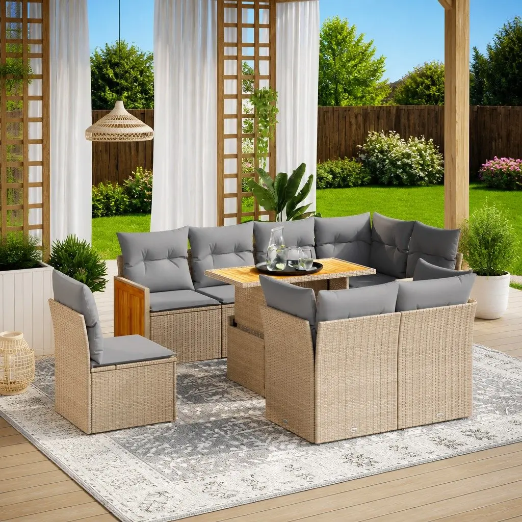Garden Sofa Set 9 Piece Outdoor Furniture Patio Lounge Beige Poly Rattan Modular