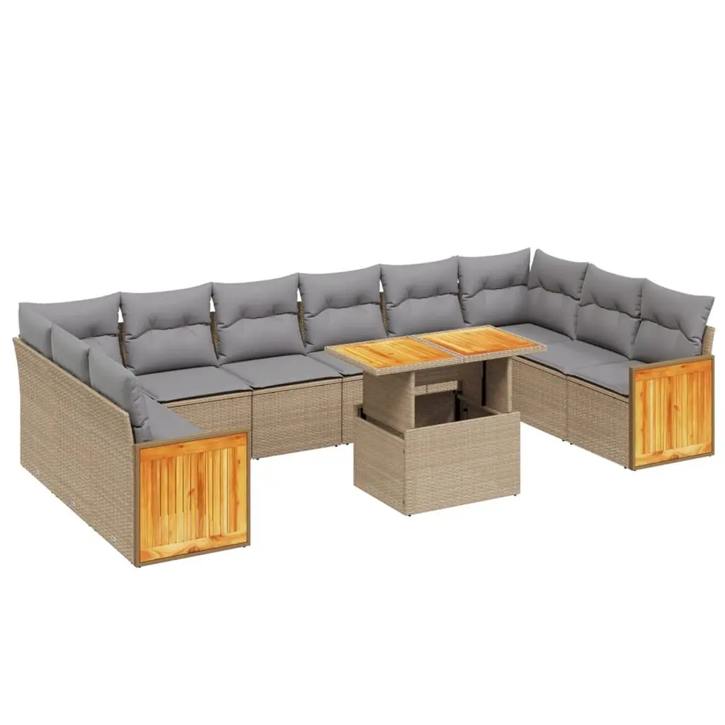 Garden Sofa Set 11 Piece Outdoor Patio Furniture Beige Poly Rattan Modular