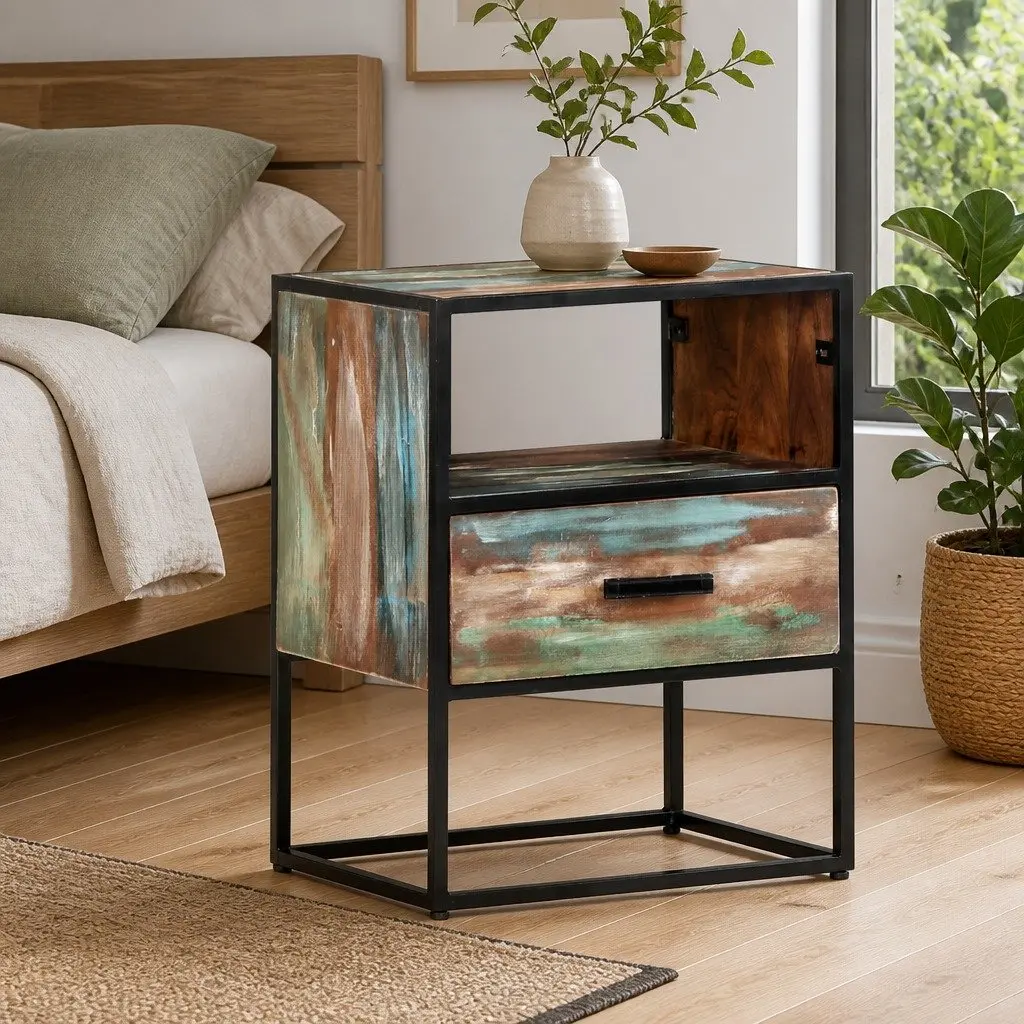 Bedside Table Handmade Solid Reclaimed Wood Multicolour 40x30x50cm Nightstand with Drawer