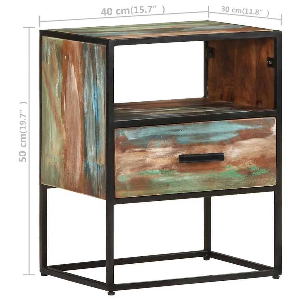 Bedside Table Handmade Solid Reclaimed Wood Multicolour 40x30x50cm Nightstand with Drawer