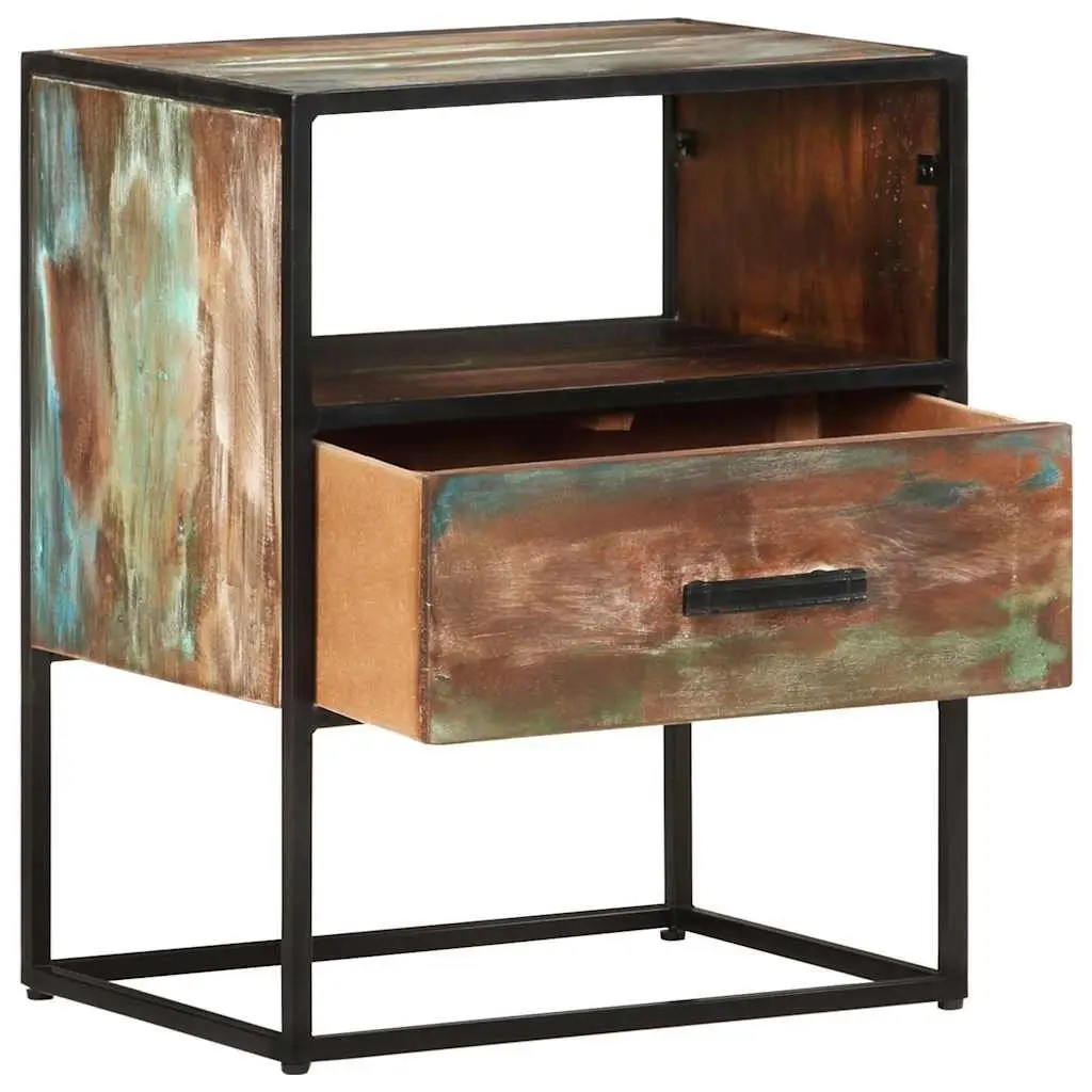 Bedside Table Handmade Solid Reclaimed Wood Multicolour 40x30x50cm Nightstand with Drawer