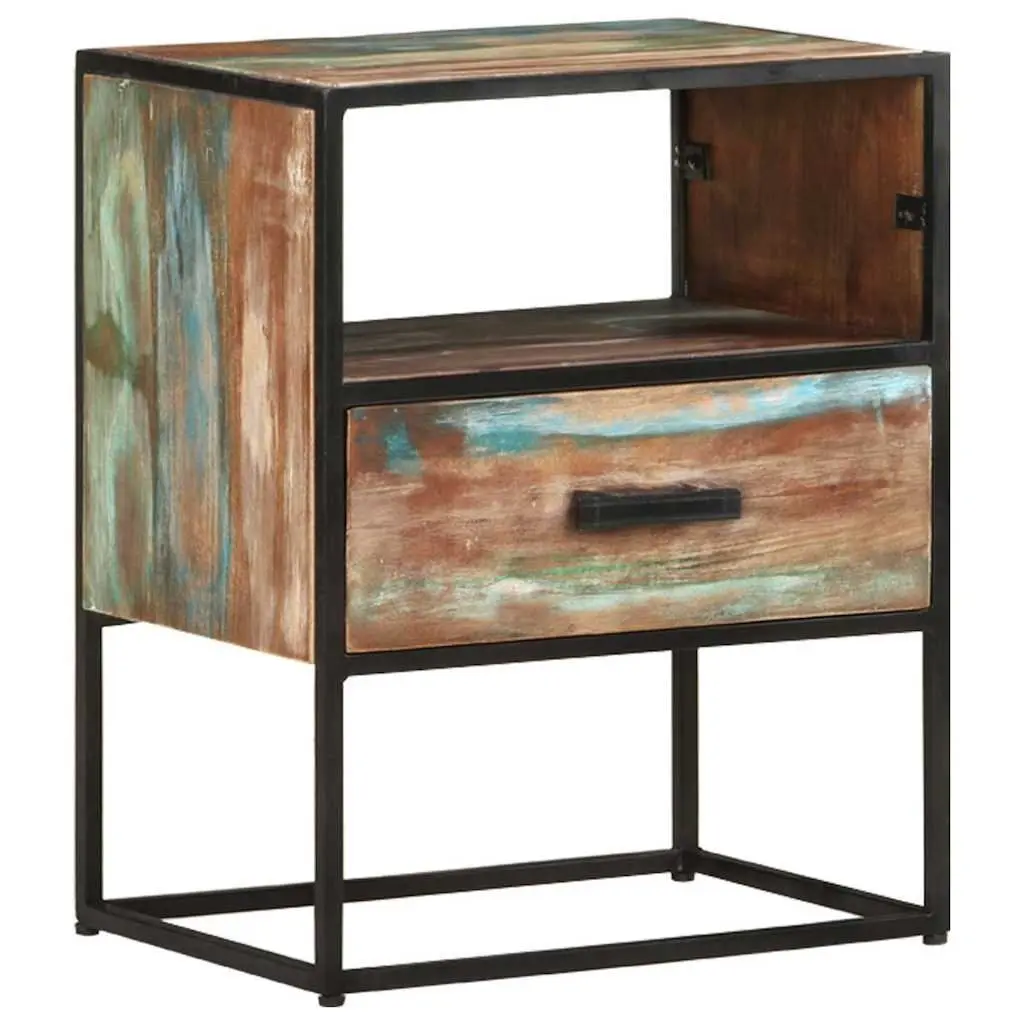 Bedside Table Handmade Solid Reclaimed Wood Multicolour 40x30x50cm Nightstand with Drawer