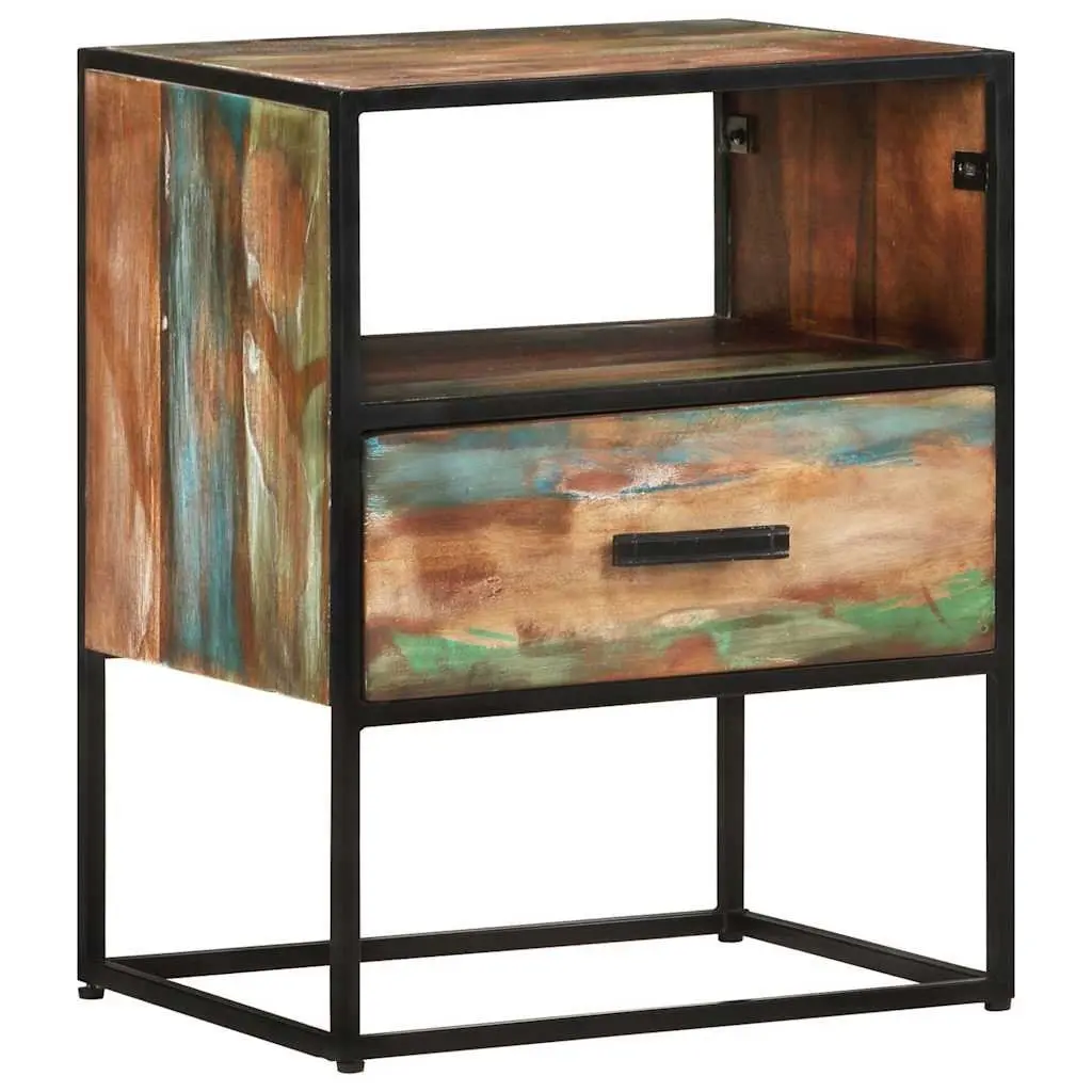 Bedside Table Handmade Solid Reclaimed Wood Multicolour 40x30x50cm Nightstand with Drawer