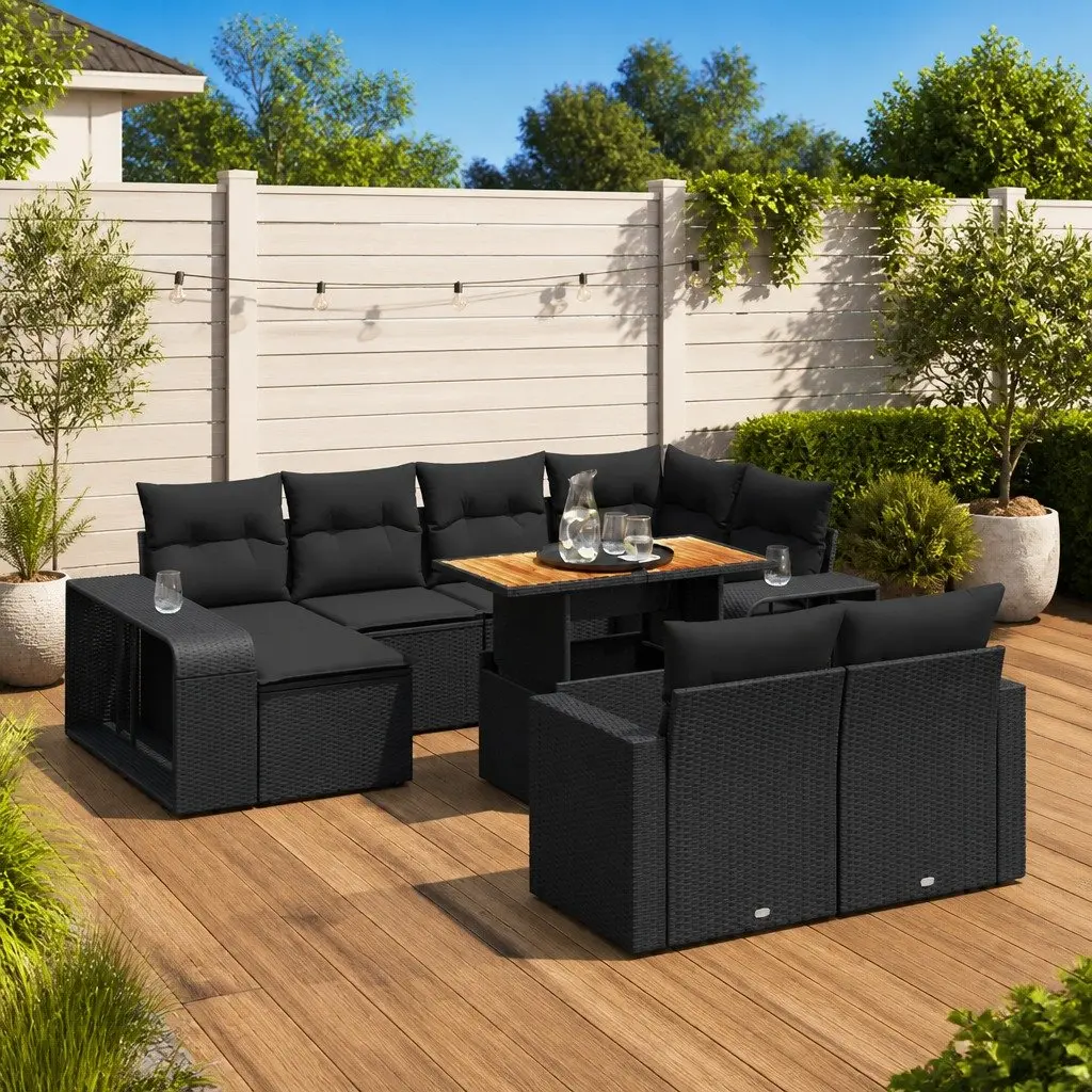 Outdoor Furniture Set Modular Black Poly Rattan 11 Piece Patio Sofa with Adjustable Table and Storage