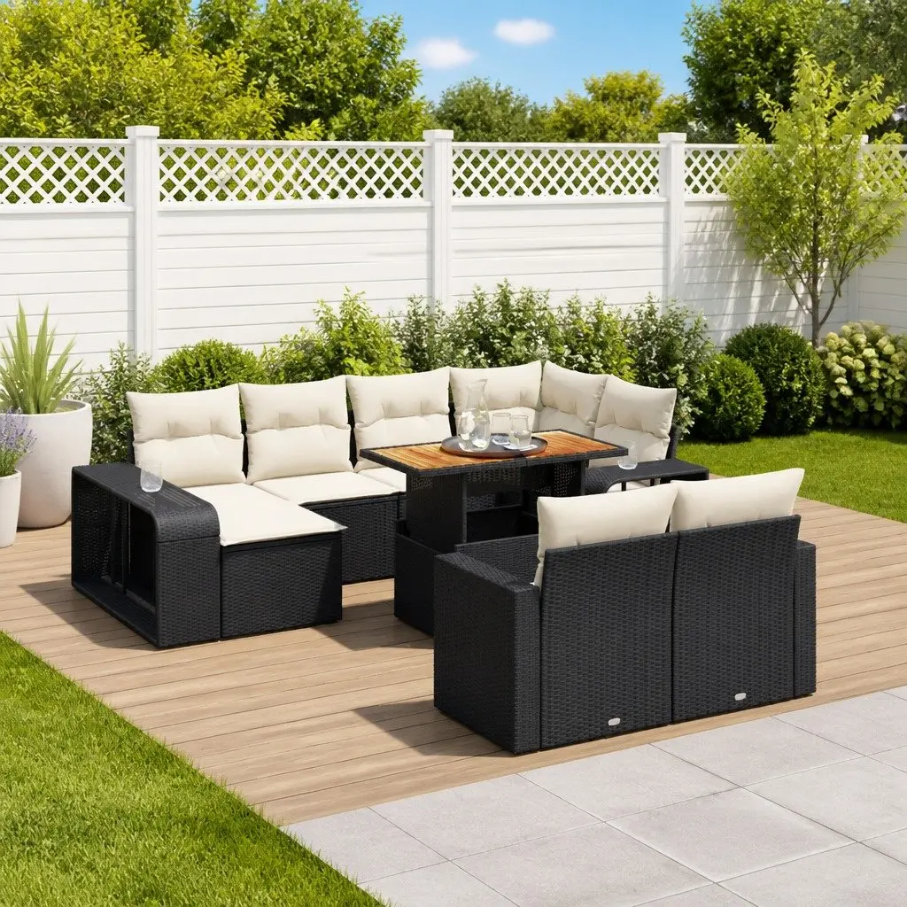 11 Piece Outdoor Garden Sofa Set Black Poly Rattan Furniture with Cushions