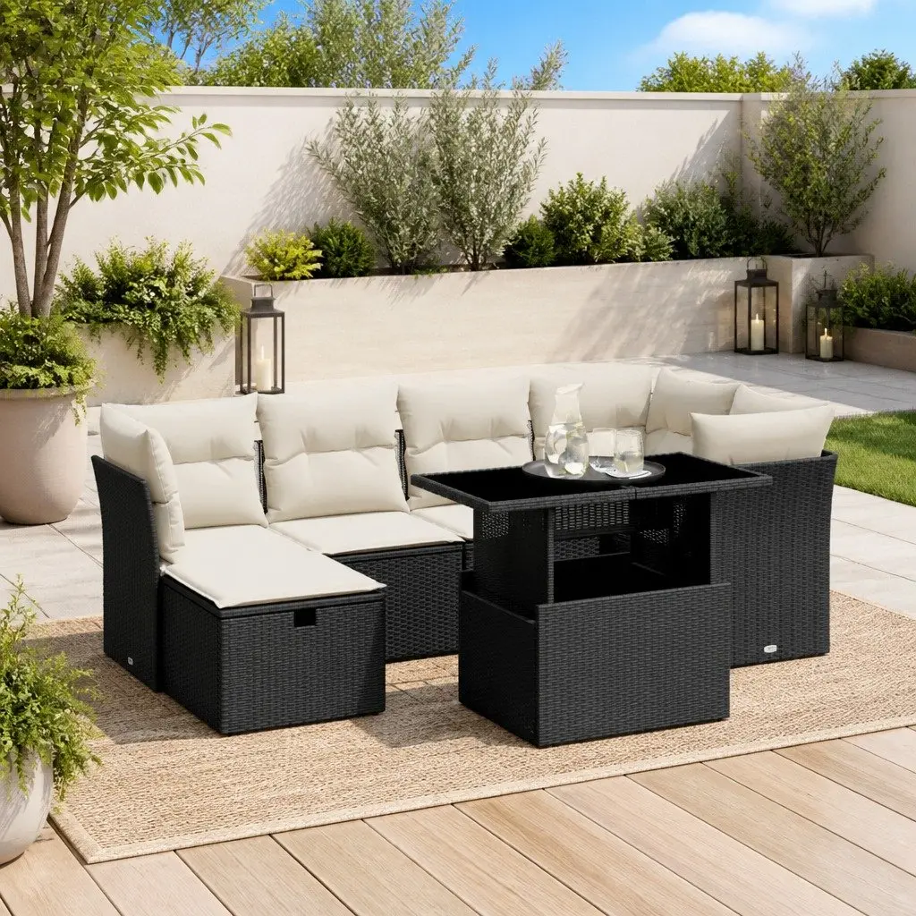 Outdoor Garden Sofa Set Modular 7 Piece Black Rattan with Cushions