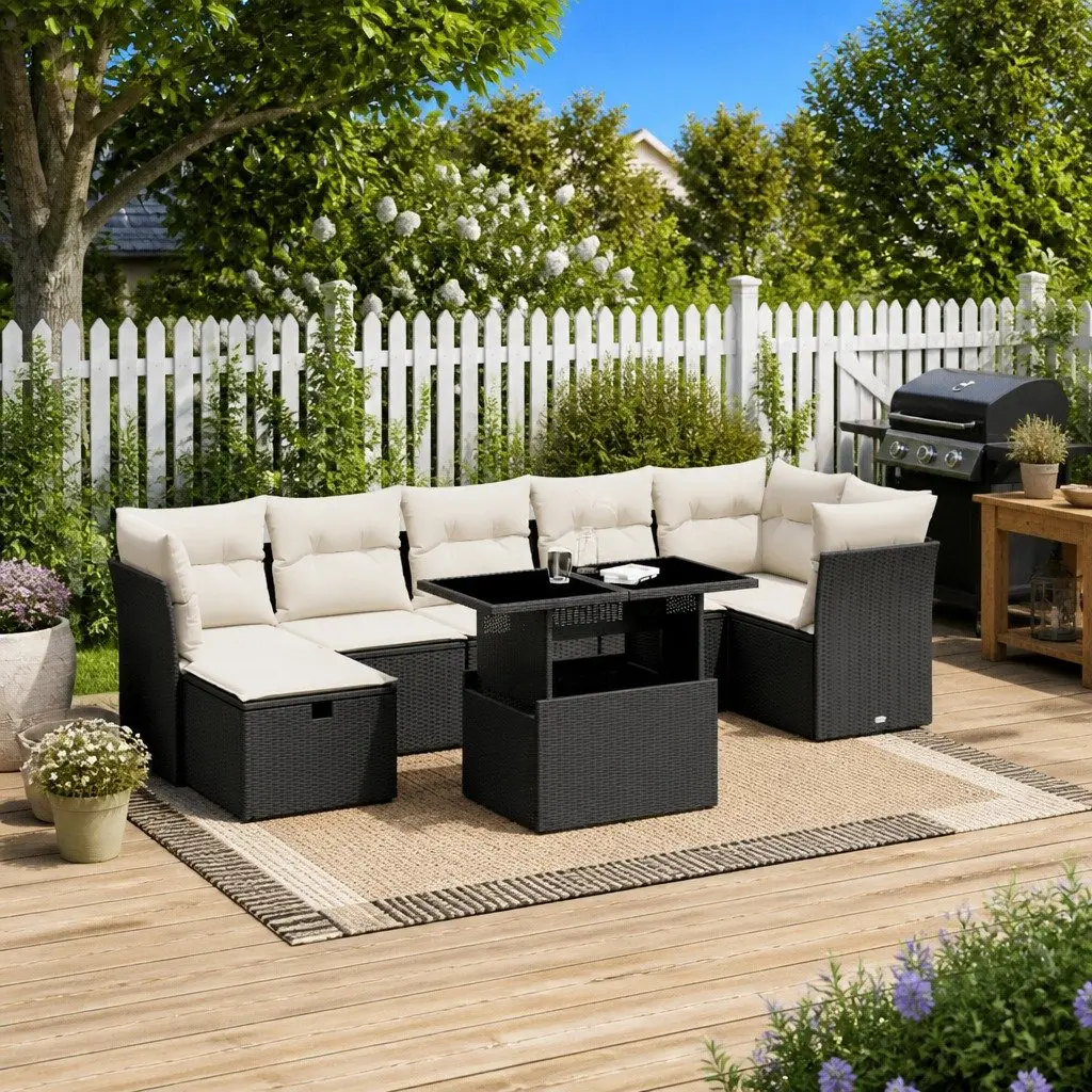 Outdoor Furniture Black Poly Rattan Modular Garden Sofa Set 8 Piece with Adjustable Tabletop