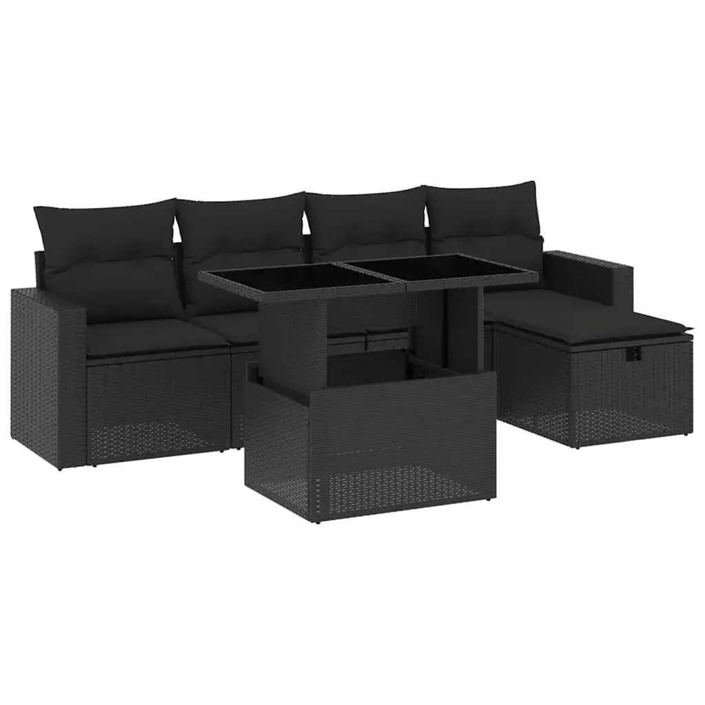 Garden Sofa Set Black PE Rattan 6 Piece Outdoor Furniture