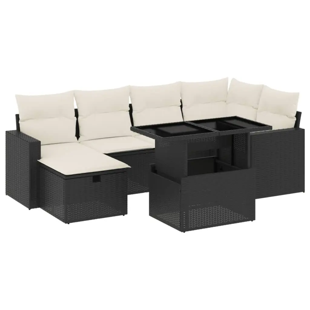 7 Piece Outdoor Garden Sofa Set with Cushions Black Poly Rattan Modular Patio