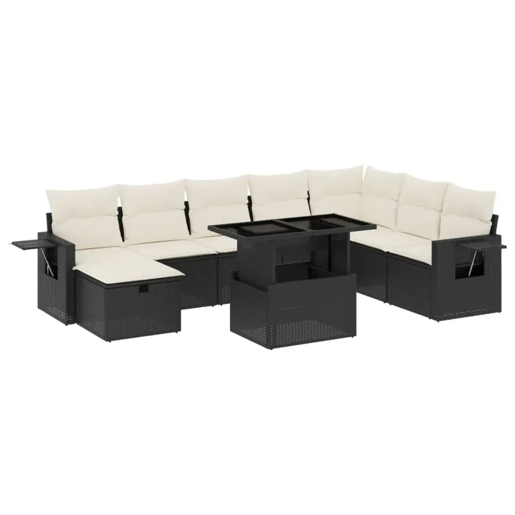 ModularDesign9PieceOutdoorGardenSofaSetBlackPolyRattanAdjustableTablewithCushions