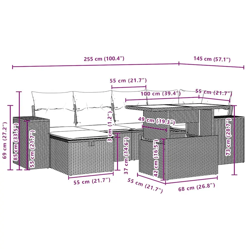 Garden Sofa Set 7 Piece Outdoor Furniture Black Poly Rattan Patio Lounge with