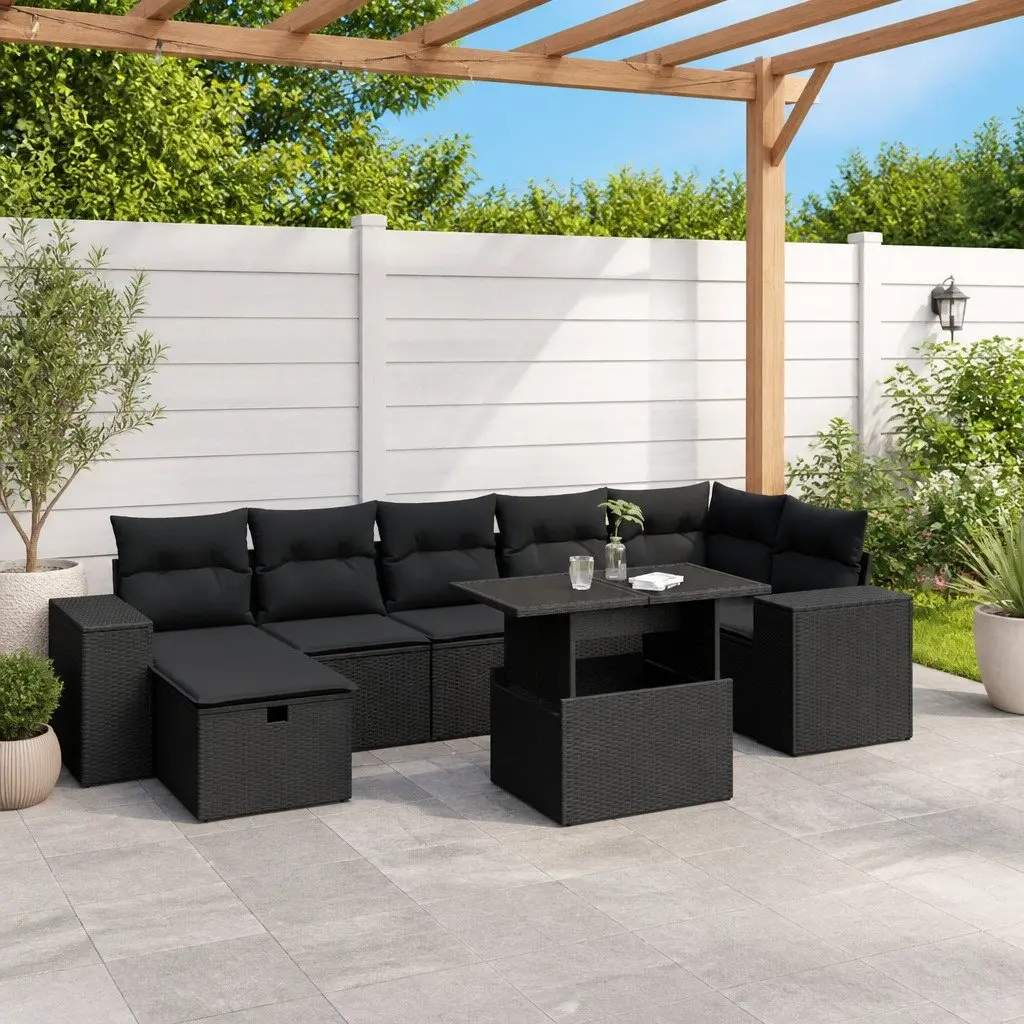 Outdoor Furniture Set Modular Black Poly Rattan 8 Piece with Cushions and Adjustable Table