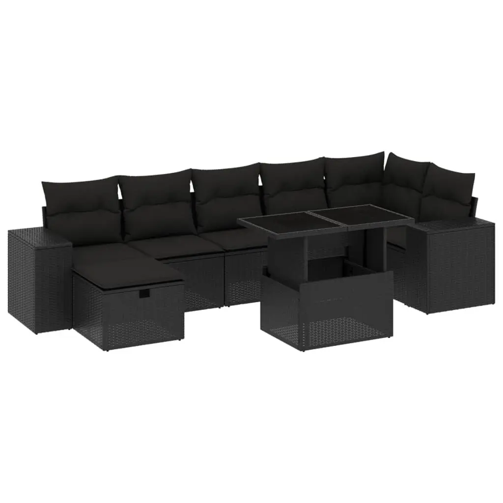 Outdoor Furniture Set Modular Black Poly Rattan 8 Piece with Cushions and Adjustable Table
