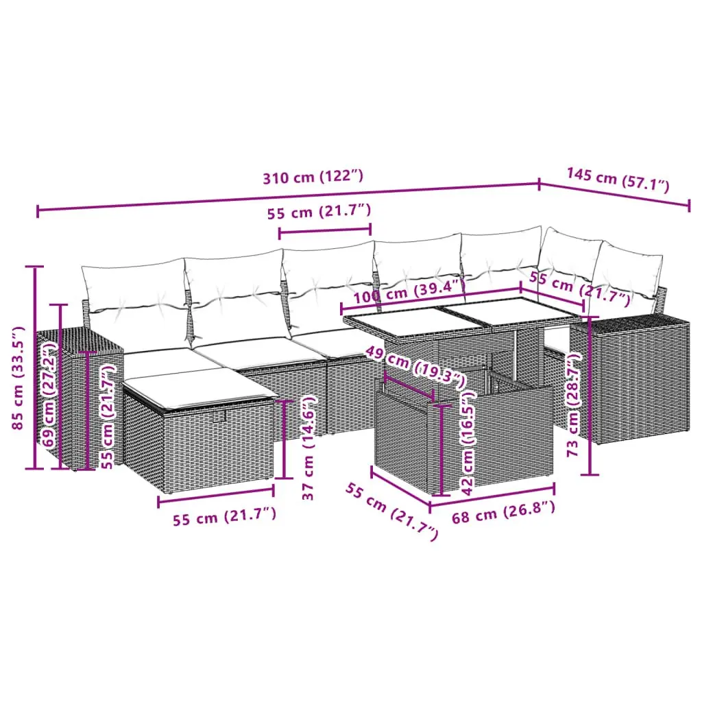 Outdoor Furniture Set Modular Black Poly Rattan 8 Piece with Cushions and Adjustable Table