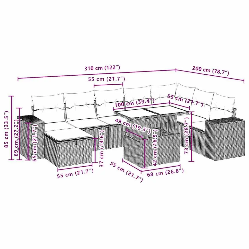 Garden Sofa Set 9 Piece Outdoor Furniture Patio Black Poly Rattan Modular Lounge