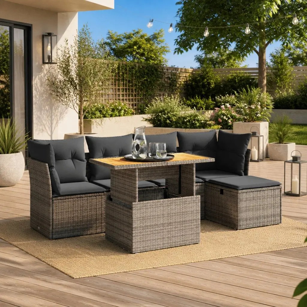 Garden Sofa Set 6 Piece Outdoor Furniture Grey Poly Rattan with Cushions Patio