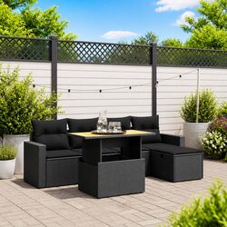 Garden Sofa Set 6 Piece Outdoor Furniture Black Poly Rattan with Cushions Patio