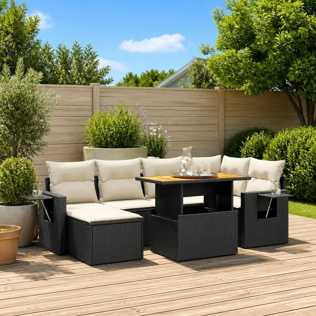 7 Piece Garden Sofa Set Modular Black PE Rattan Outdoor Patio Furniture with Cushions