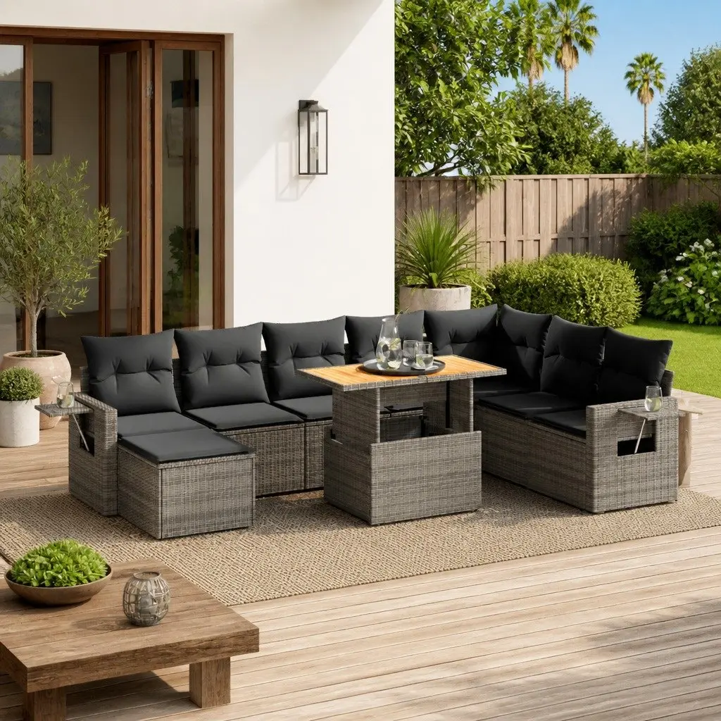 Garden Sofa Set 9 Piece Outdoor Patio Furniture with Cushions Grey Poly Rattan