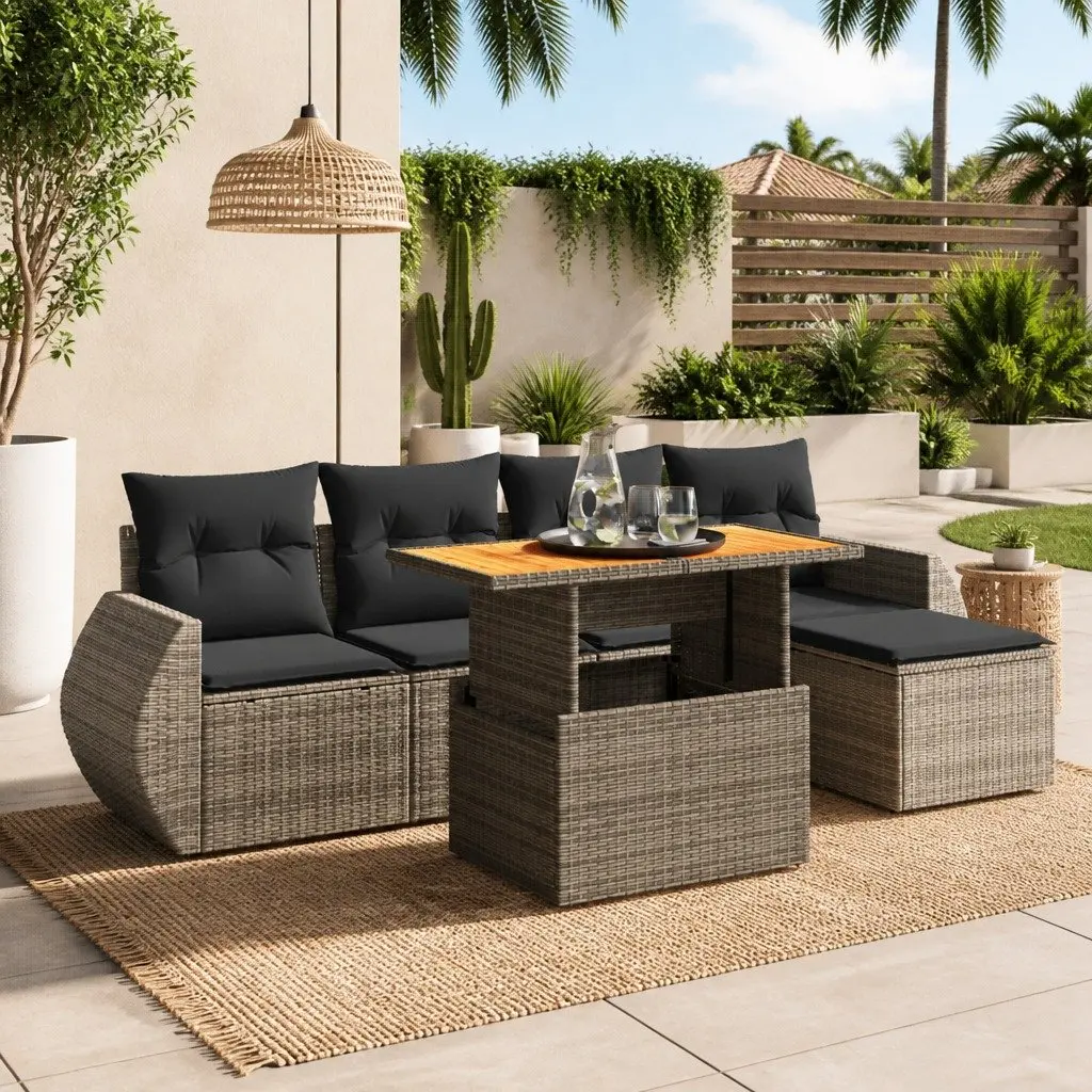 Garden Sofa Set 6 Piece Grey Outdoor Furniture Modular Patio Rattan Cushions