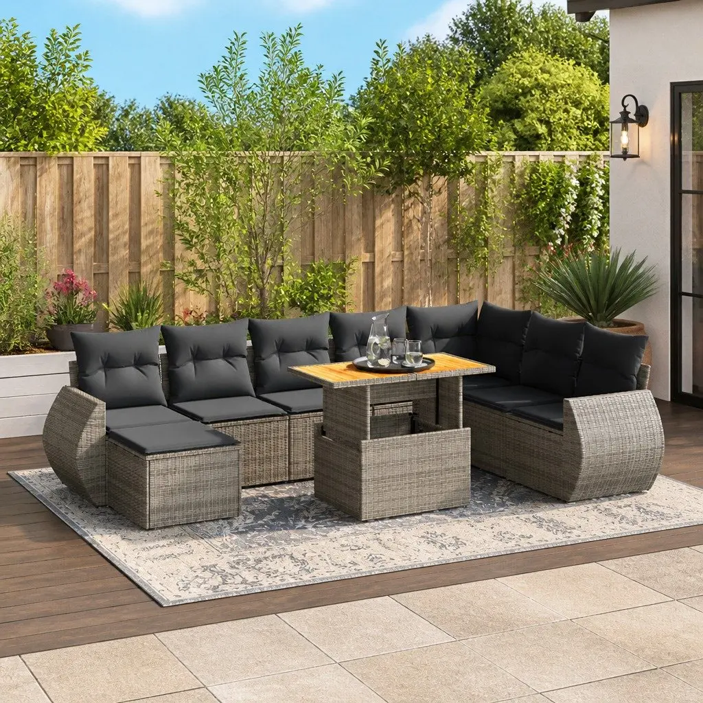 Modular Garden Sofa Set 9 Piece Grey Poly Rattan Outdoor Furniture with Adjustable Table