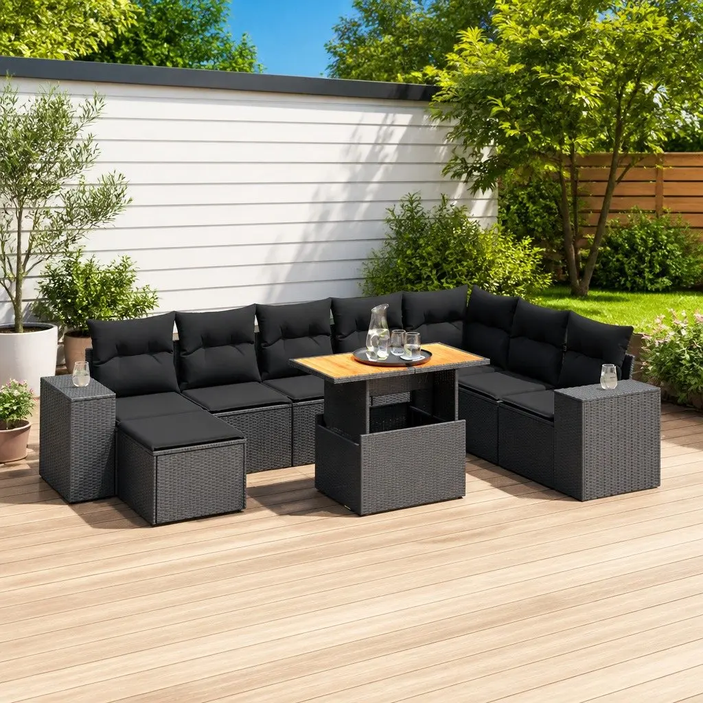 Garden Sofa Set 9 Piece Outdoor Furniture Black Poly Rattan Modular Patio Lounge