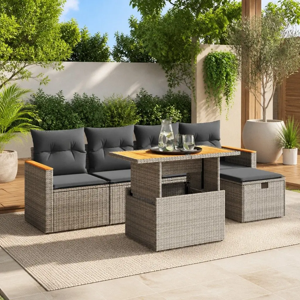 Modular Garden Sofa Set 6 Piece Grey Outdoor Furniture with Adjustable Table and Removable Cushion Covers