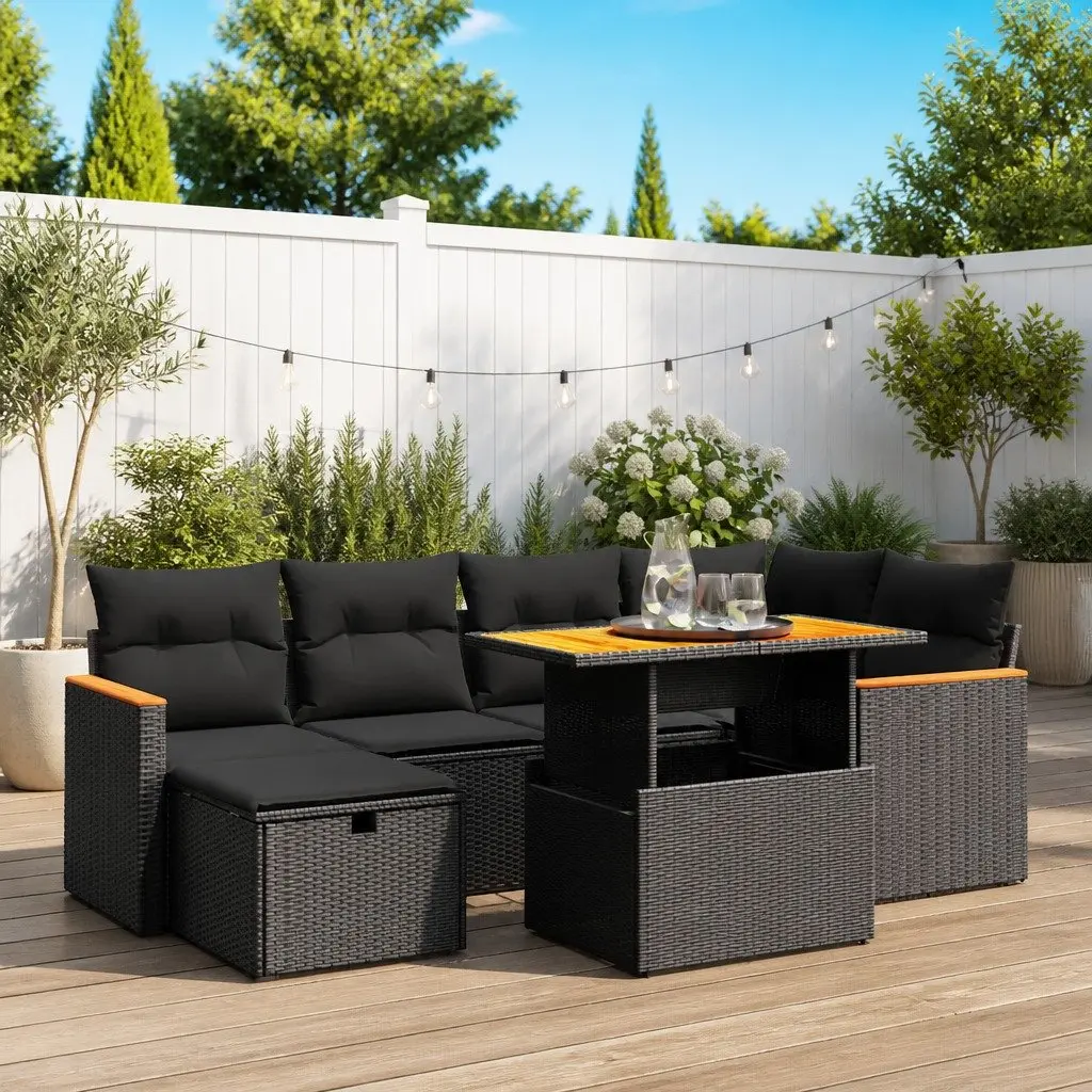 Garden Sofa Set Modular Black PE Rattan 7 Piece Outdoor Furniture Patio Lounge