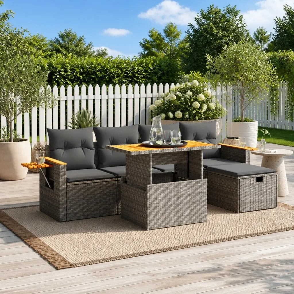 Garden Sofa Set 6 Piece Outdoor Furniture Grey Poly Rattan Modular Patio Lounge