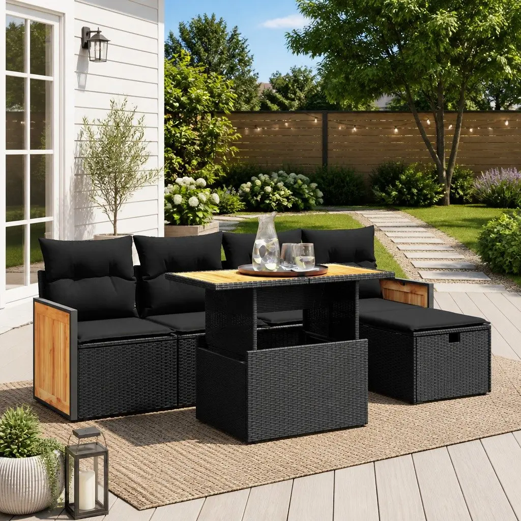 Garden Sofa Set 6 Piece Outdoor Furniture Black Poly Rattan with Cushions