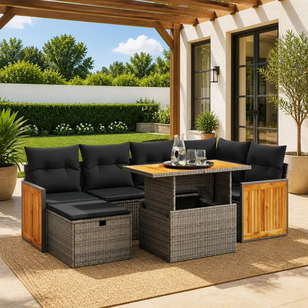 Modular Outdoor Sofa Set 7 Piece Grey PE Rattan Adjustable Table with Cushions